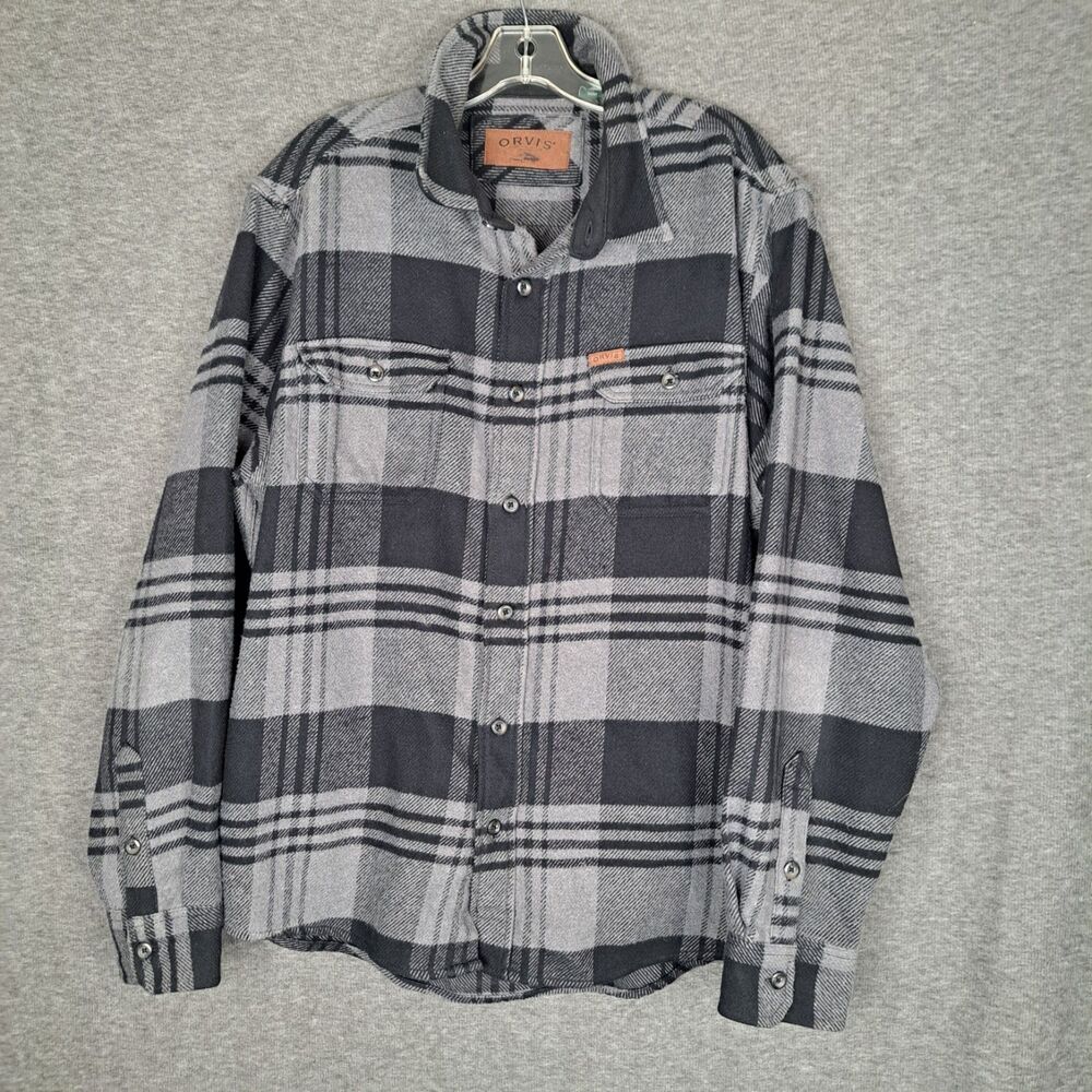 Orvis Big‎ Bear Heavyweight Flannel Mens Large Black & Gray Plaid Cotton Blend